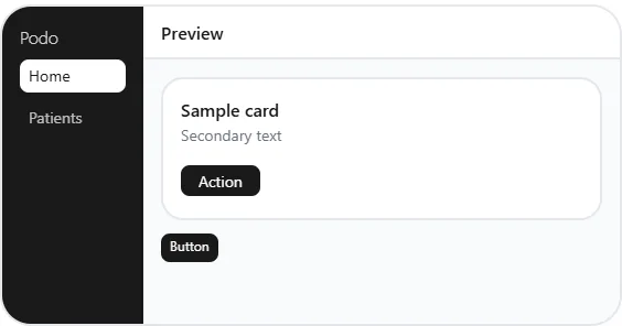 Podoraa dashboard with the sidebar, buttons and cards picking up the clinic's logo and colours.